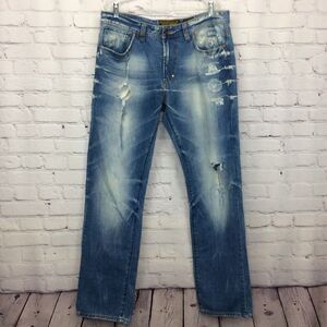 AKOO Blue Jeans Men’s Sz 36x33 Grunge Punk Distressed Destroyed Ripped Bleached